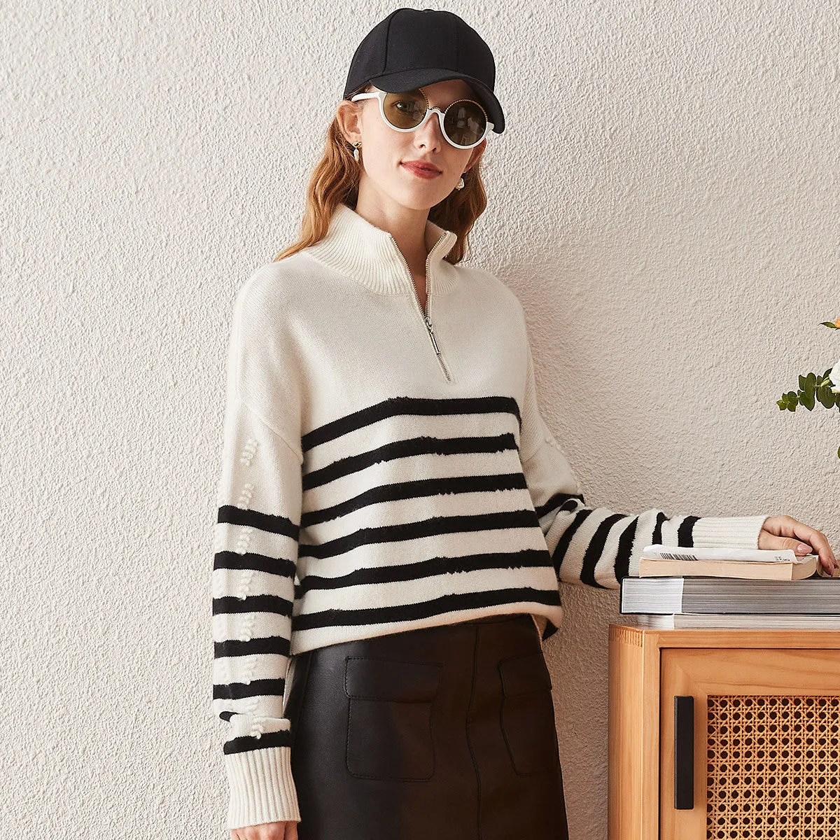 100% Cashmere Striped Half-Zip Knit Sweater