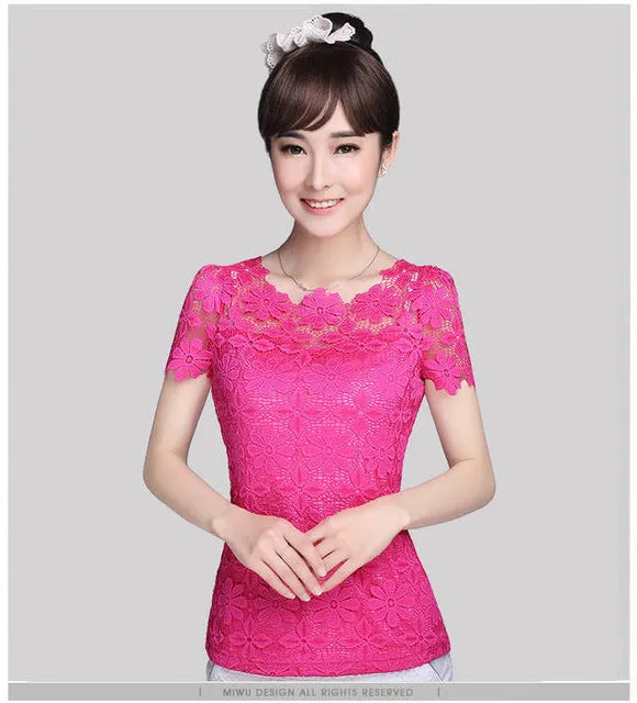 2015 New Short Sleeve Tee Shirt Top For Women Clothing Women Lace Blouse Sexy Floral Sheer Blouses M-5XL blusas femininas 945