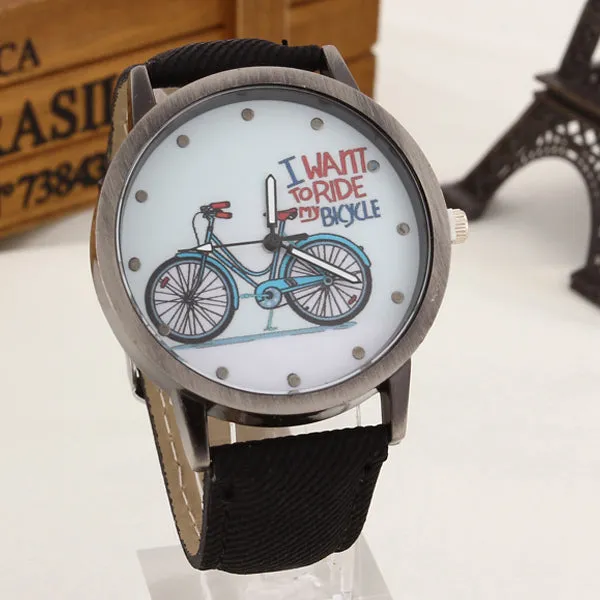 2017 Fashion Brand Quartz Watches Bicycle Pattern Cartoon Watch Women Casual Vintage Leather Girls Kids Wristwatches gifts Clock