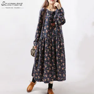 2017 New Women Dresses Autumn Winter Vintage Print Casual Long Sleeve Retro Cotton Maxi Robe Tunic Floral Big Plus Size Dress