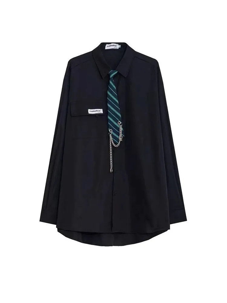 2022SS Ice Silk Long-sleeved Shirt Men Women Korean Hip Hop Trend Loose College Style All-match Shirt Preppy JK Blouse with Tie