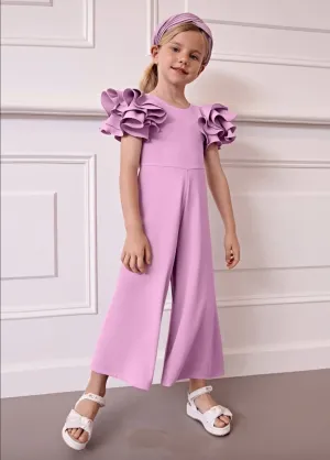 Abel & Lula Girls Mauve Crepe Ruffle Shoulder Jumpsuit