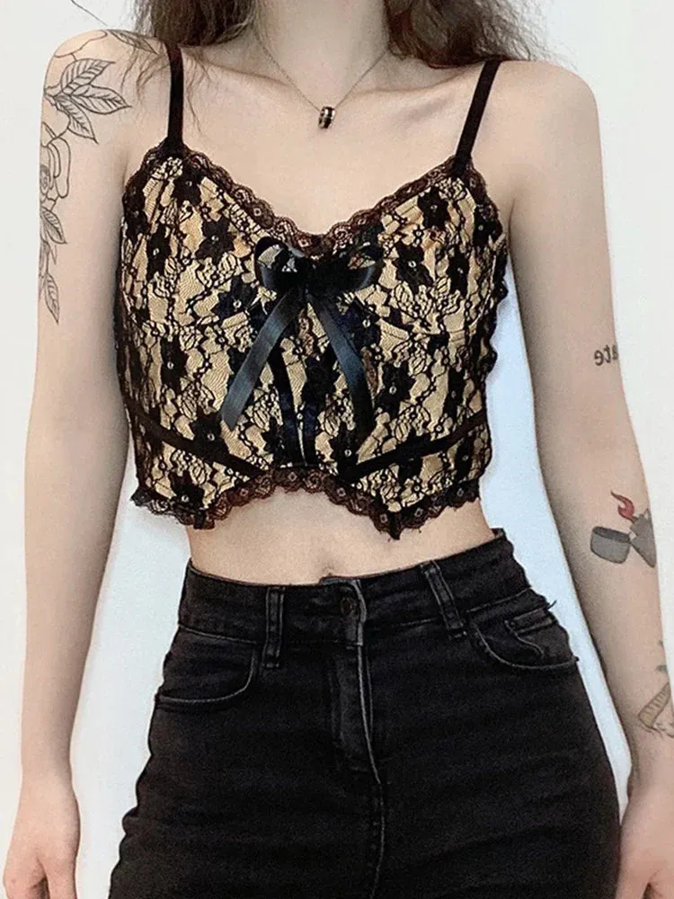 Aesthetic Lace Sexy Double Girl Neck Layer V E Dark Academia Crop Top