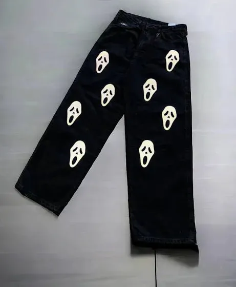 Aesthetic Y2K Harajuku Skull Print Baggy Straight Fit Urban Style Black Denim Jeans