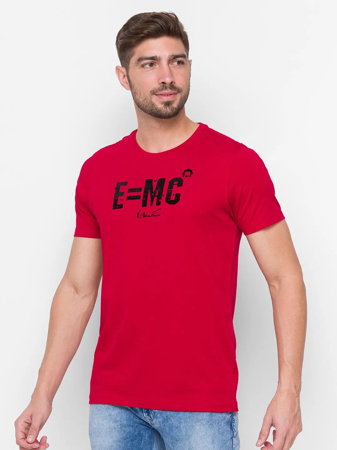 Albert Einstein Spykar Men Red Cotton Slim Fit Round Neck T-Shirt