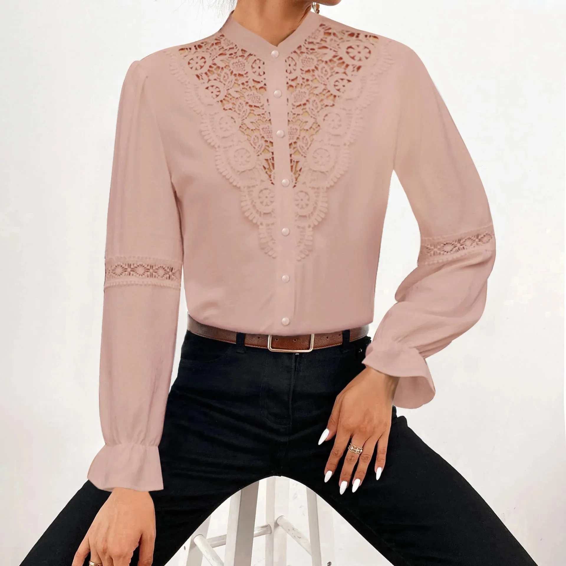 ARWEN & AJH GROUP Women Long Sleeve Lace Shirts,Womans Clothing,Shirts & Blouses,Shirts For Women,Tops Woman 2024,Korean Tops,Camisas De Mujer