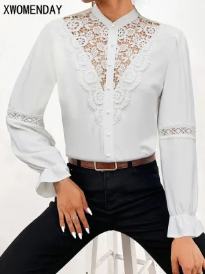 ARWEN & AJH GROUP Women Long Sleeve Lace Shirts,Womans Clothing,Shirts & Blouses,Shirts For Women,Tops Woman 2024,Korean Tops,Camisas De Mujer