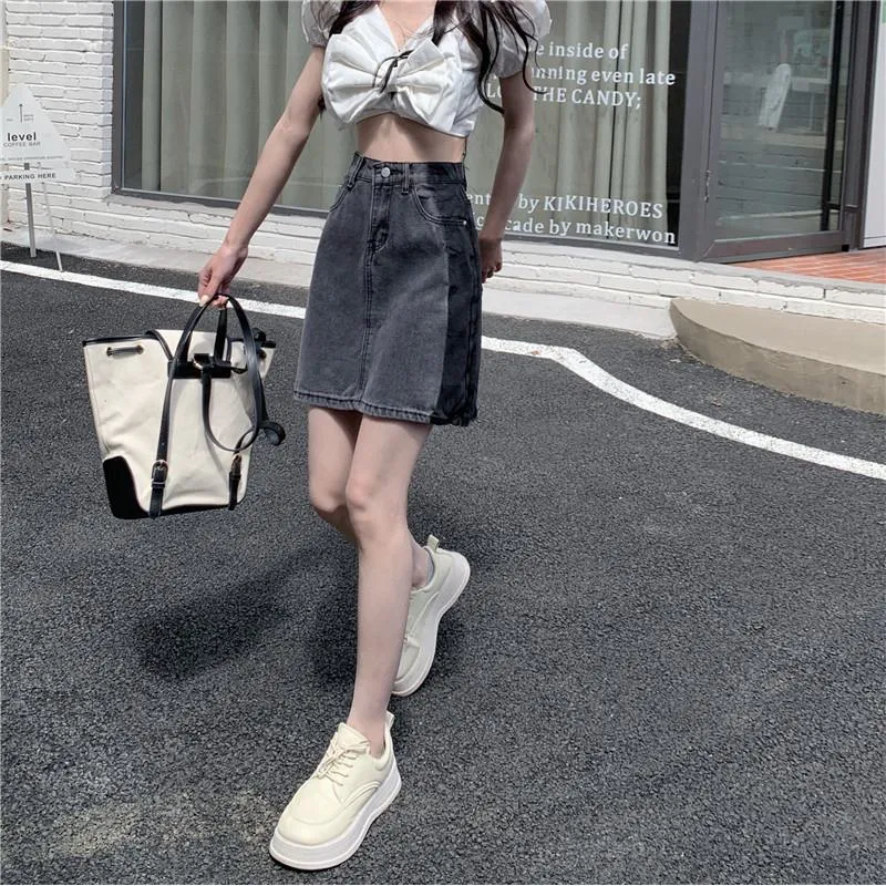 Ash Gray A-Line Retro Patchwork Color Blocking Versatile High-Waisted Bodycon Denim Skirt