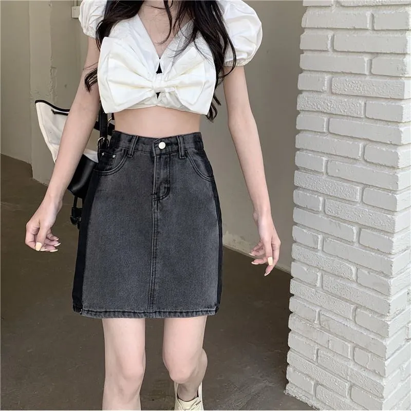 Ash Gray A-Line Retro Patchwork Color Blocking Versatile High-Waisted Bodycon Denim Skirt