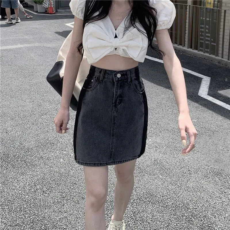 Ash Gray A-Line Retro Patchwork Color Blocking Versatile High-Waisted Bodycon Denim Skirt