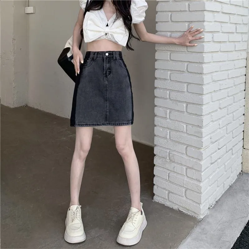 Ash Gray A-Line Retro Patchwork Color Blocking Versatile High-Waisted Bodycon Denim Skirt