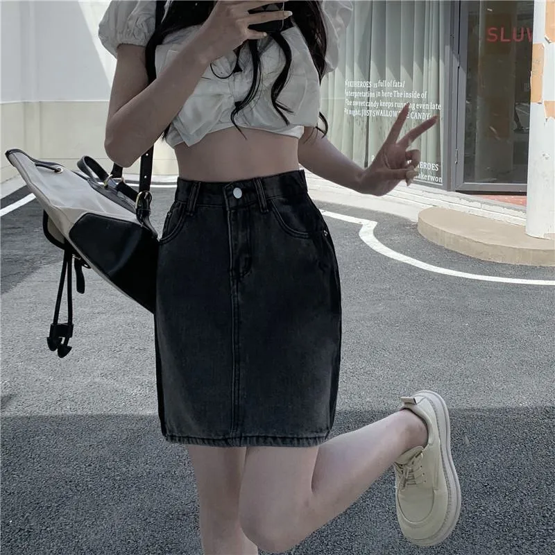 Ash Gray A-Line Retro Patchwork Color Blocking Versatile High-Waisted Bodycon Denim Skirt