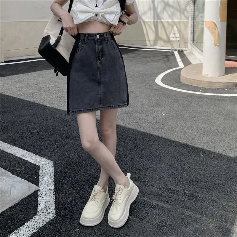 Ash Gray A-Line Retro Patchwork Color Blocking Versatile High-Waisted Bodycon Denim Skirt