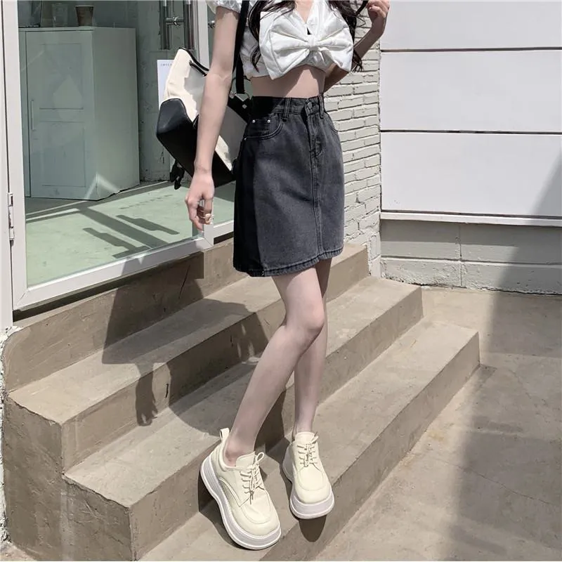 Ash Gray A-Line Retro Patchwork Color Blocking Versatile High-Waisted Bodycon Denim Skirt