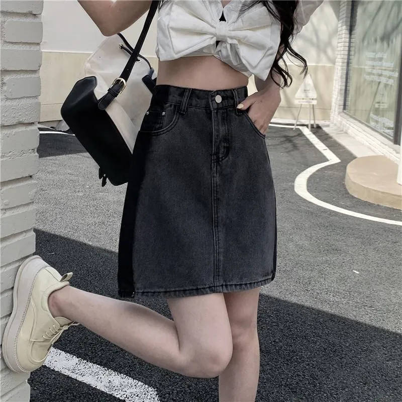 Ash Gray A-Line Retro Patchwork Color Blocking Versatile High-Waisted Bodycon Denim Skirt