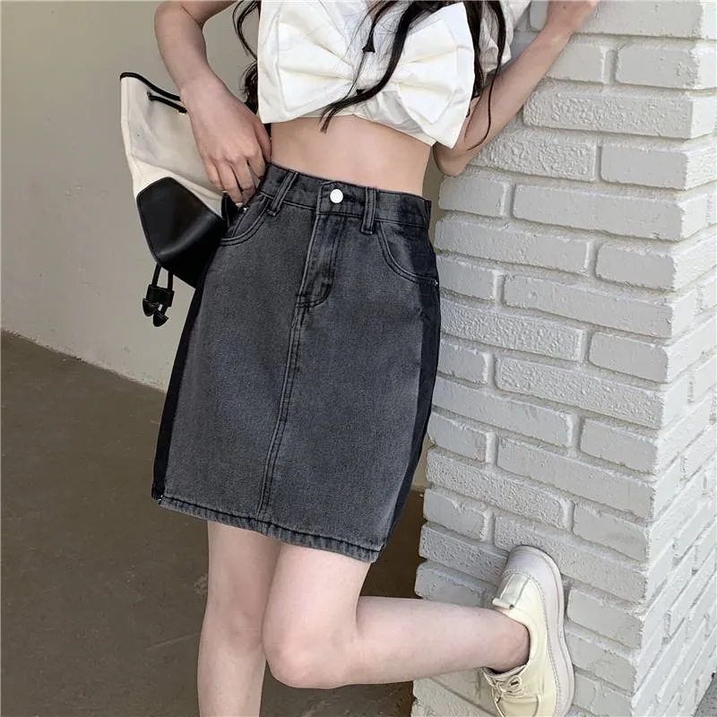 Ash Gray A-Line Retro Patchwork Color Blocking Versatile High-Waisted Bodycon Denim Skirt