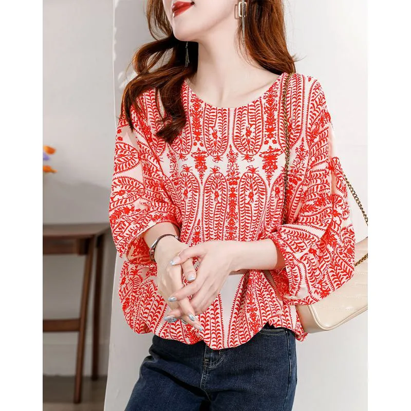 Batwing Sleeve Chic Niche Floral Print Blouse