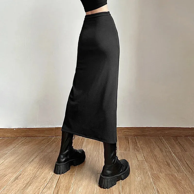 Black Long Mid-length Slits Slim Solid A-line Waist High Sexy Streetwear Women Hip-covering Skirt