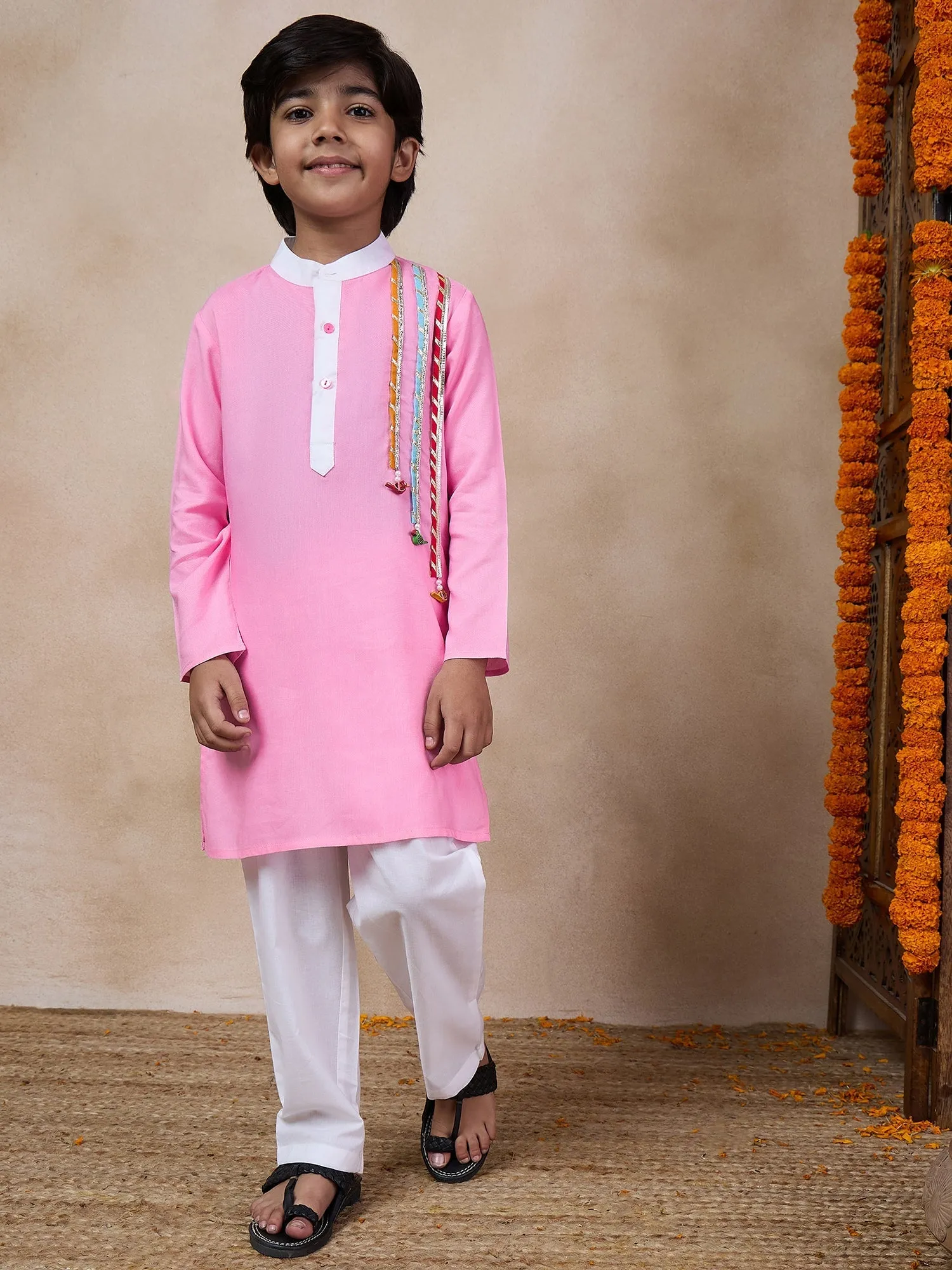 Boys Band Collar Straight Kurta With Pyjamas