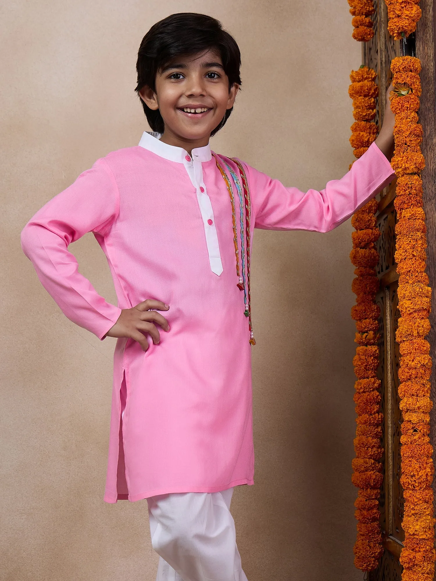 Boys Band Collar Straight Kurta With Pyjamas