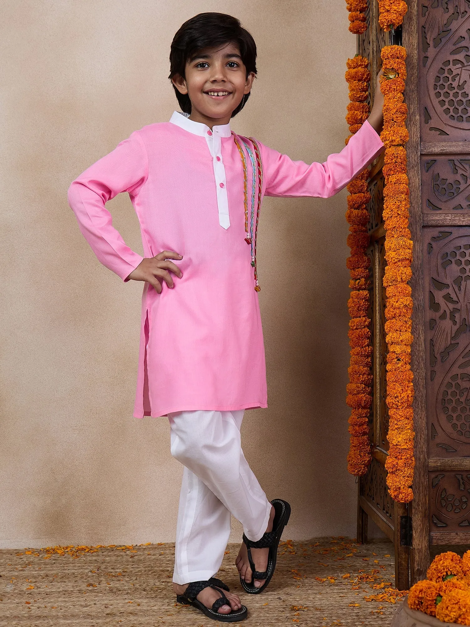 Boys Band Collar Straight Kurta With Pyjamas