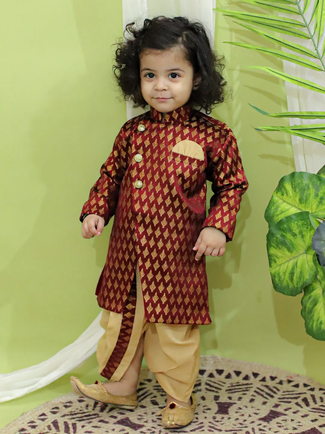 Boys Festive Wear Jacquard Full Sleeve Sherwani with Dhoti - Maroon