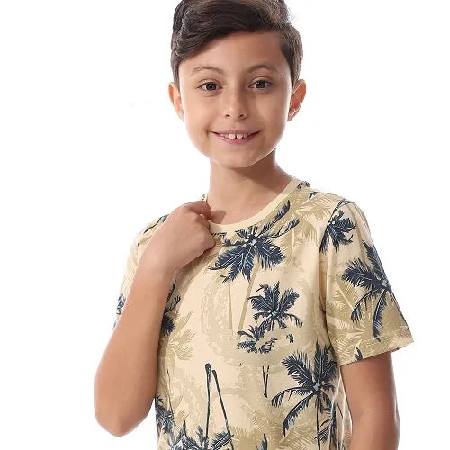 Boys Palm Tree Tee & Shorts Pajama Set - Yellow & Beige