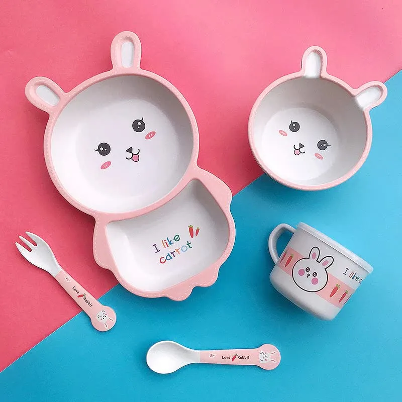 Cartoon Animal Monkey Bamboo Fiber Dinnerware Plate and Bowl Set for Kids Eco Friendly Non Toxic Self Feeding Baby Utensil Set of 5 Pcs - Multicolor