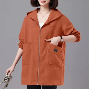 Casual Loose Fit Thigh-Length Hooded Windbreaker