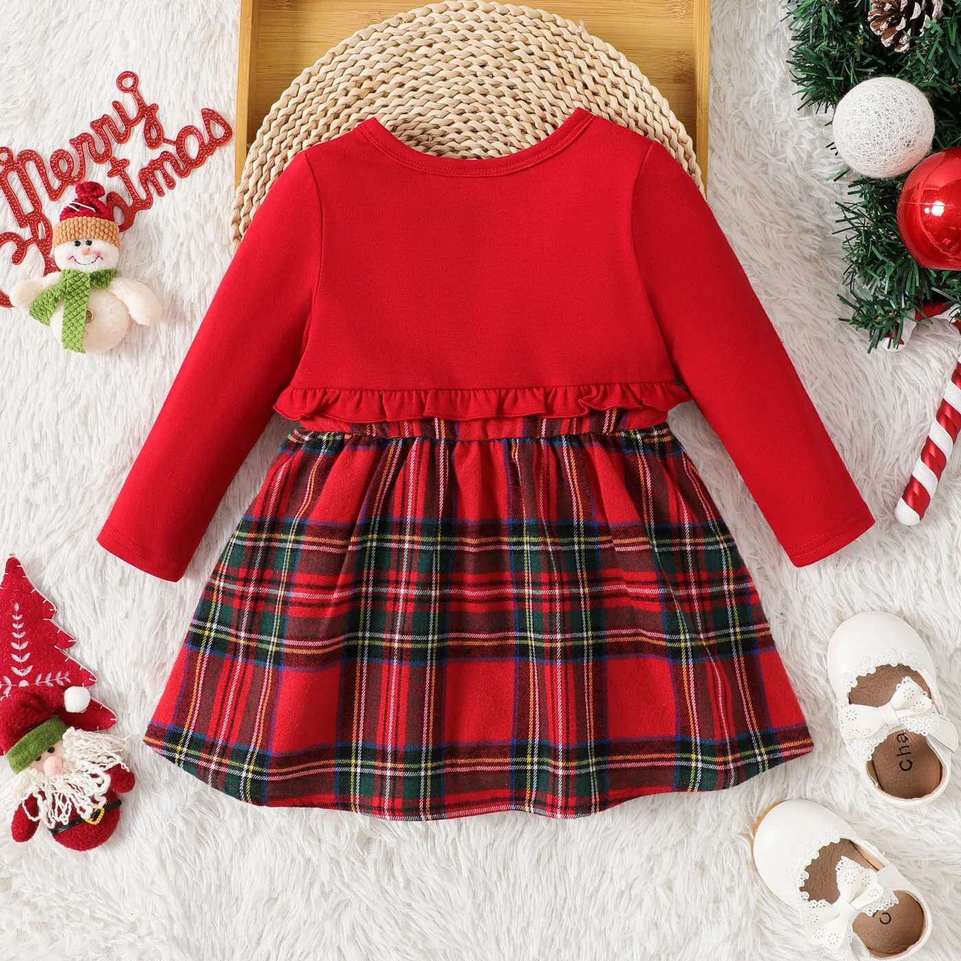 Christmas Dresses Baby Girl Clothes Red Faux-two Long-sleeve Ruffle Trim Bow Front Plaid Dress