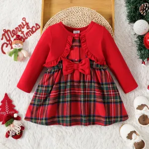 Christmas Dresses Baby Girl Clothes Red Faux-two Long-sleeve Ruffle Trim Bow Front Plaid Dress