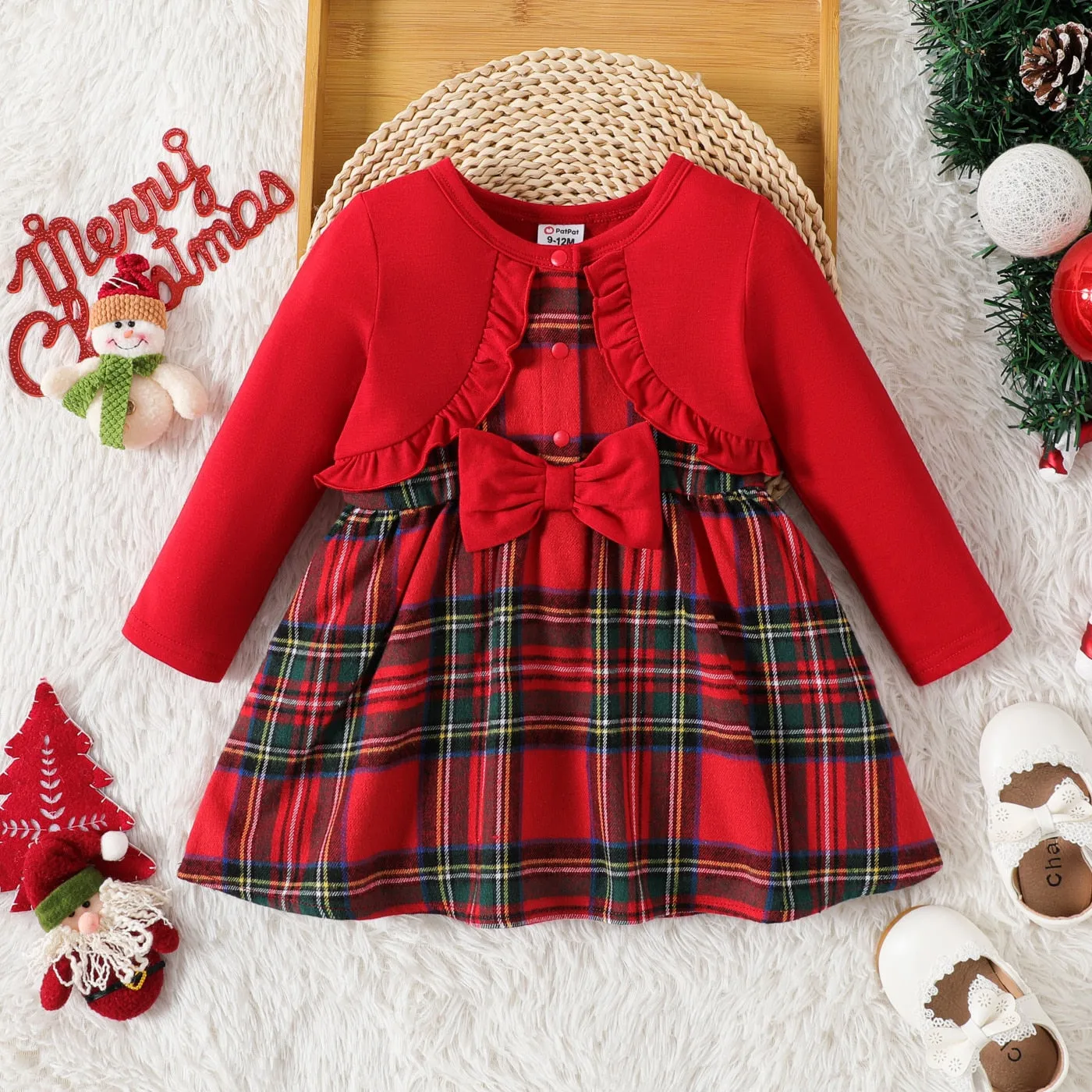 Christmas Dresses Baby Girl Clothes Red Faux-two Long-sleeve Ruffle Trim Bow Front Plaid Dress