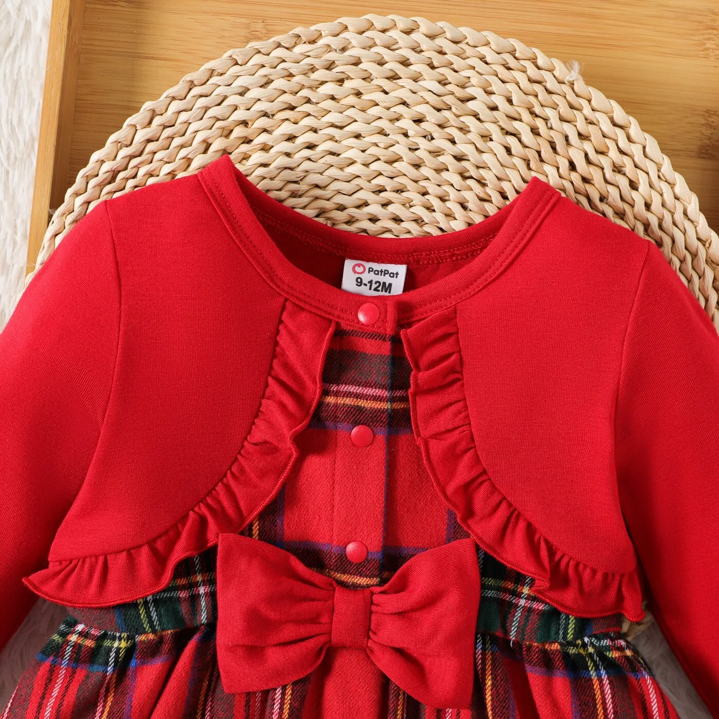 Christmas Dresses Baby Girl Clothes Red Faux-two Long-sleeve Ruffle Trim Bow Front Plaid Dress