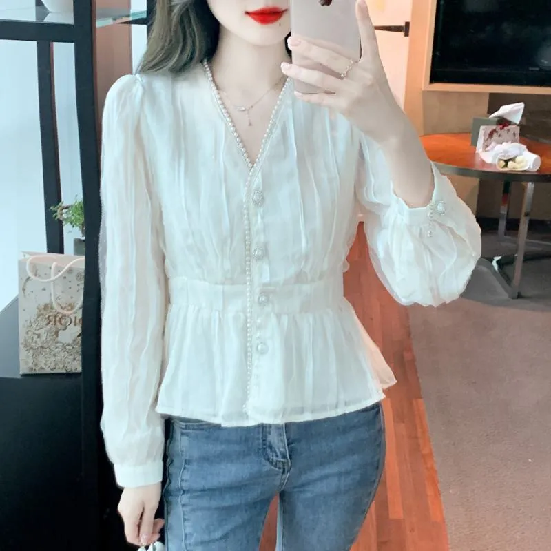 Cinched Waist Lace V-Neck Pearl Chiffon Blouse