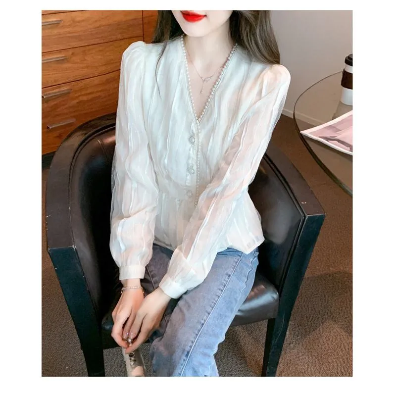 Cinched Waist Lace V-Neck Pearl Chiffon Blouse