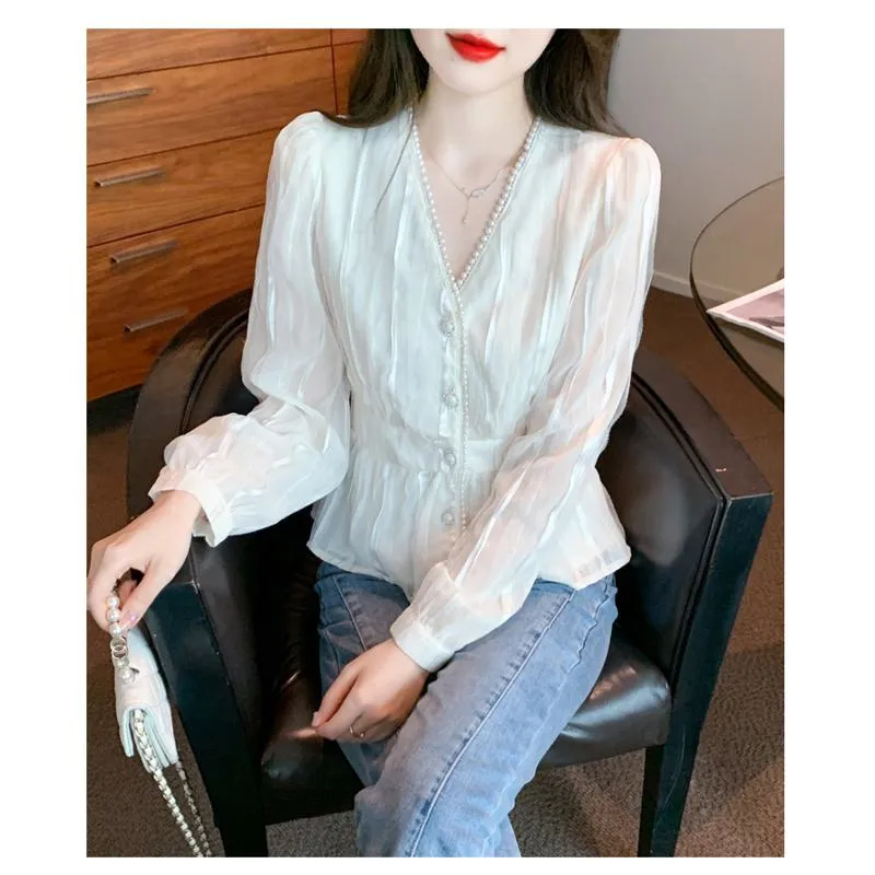 Cinched Waist Lace V-Neck Pearl Chiffon Blouse