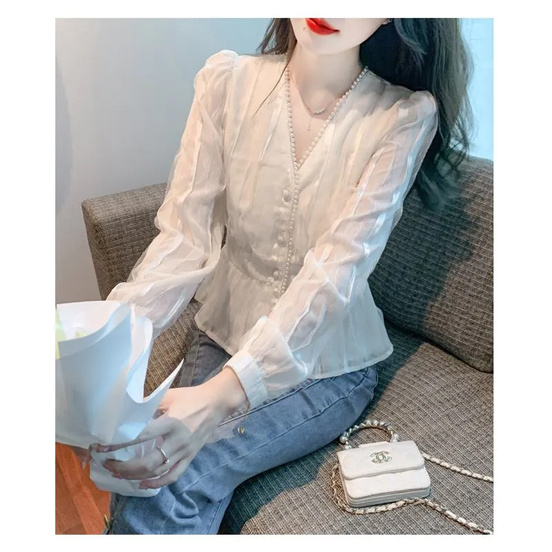 Cinched Waist Lace V-Neck Pearl Chiffon Blouse