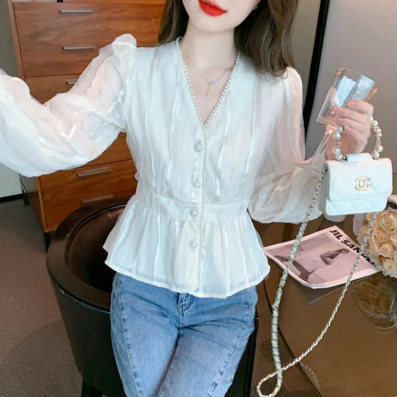 Cinched Waist Lace V-Neck Pearl Chiffon Blouse