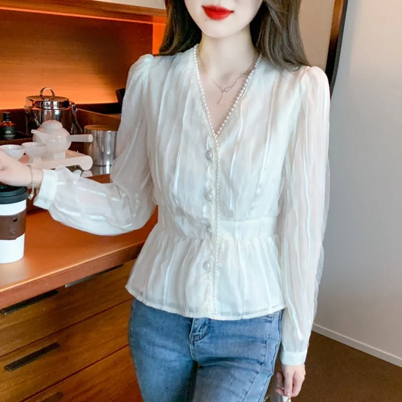 Cinched Waist Lace V-Neck Pearl Chiffon Blouse