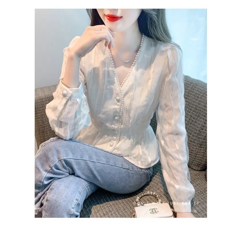 Cinched Waist Lace V-Neck Pearl Chiffon Blouse