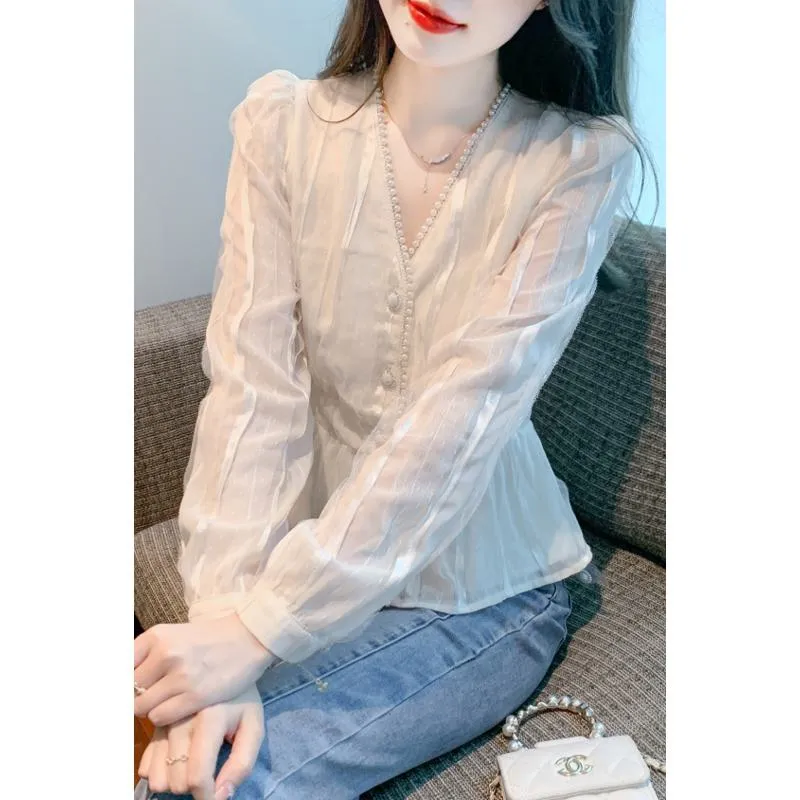 Cinched Waist Lace V-Neck Pearl Chiffon Blouse