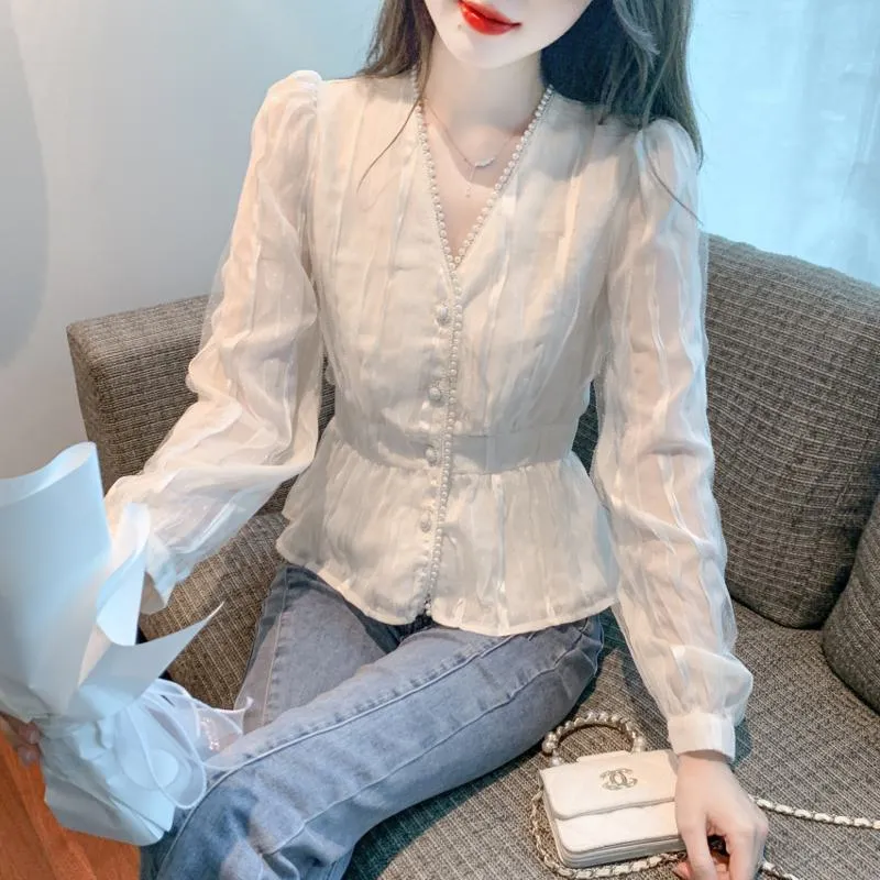 Cinched Waist Lace V-Neck Pearl Chiffon Blouse