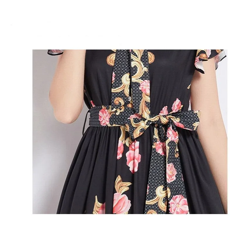 Collar Sleeveless Tie-Up Long Style Retro Print A-Line Design Dress