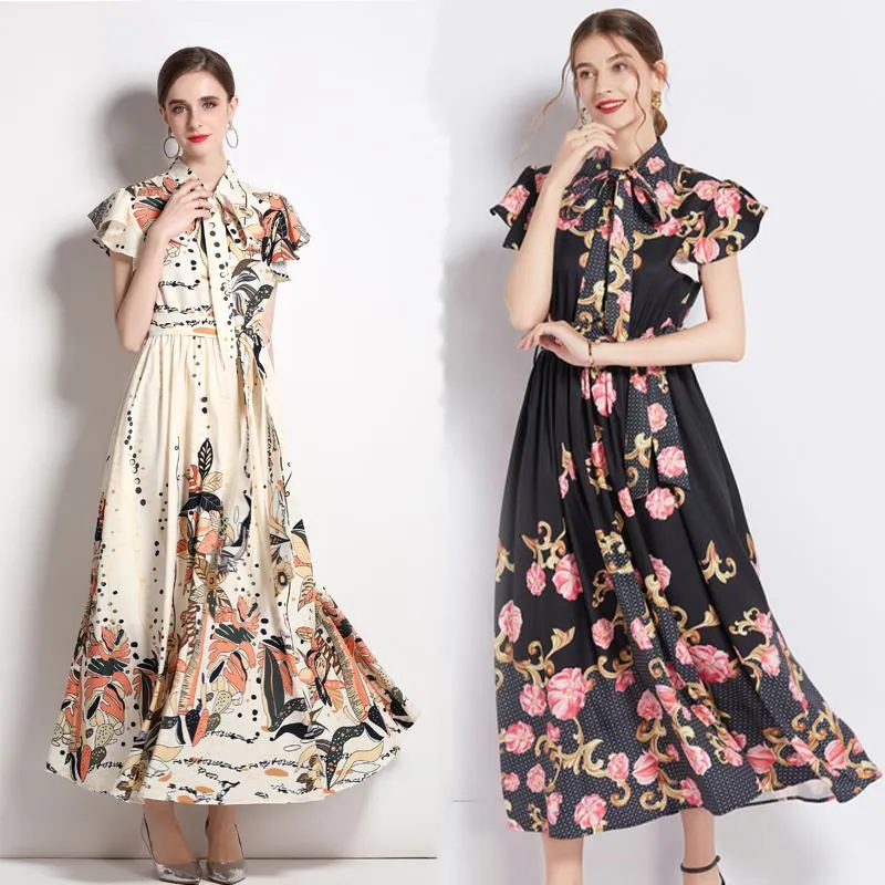 Collar Sleeveless Tie-Up Long Style Retro Print A-Line Design Dress