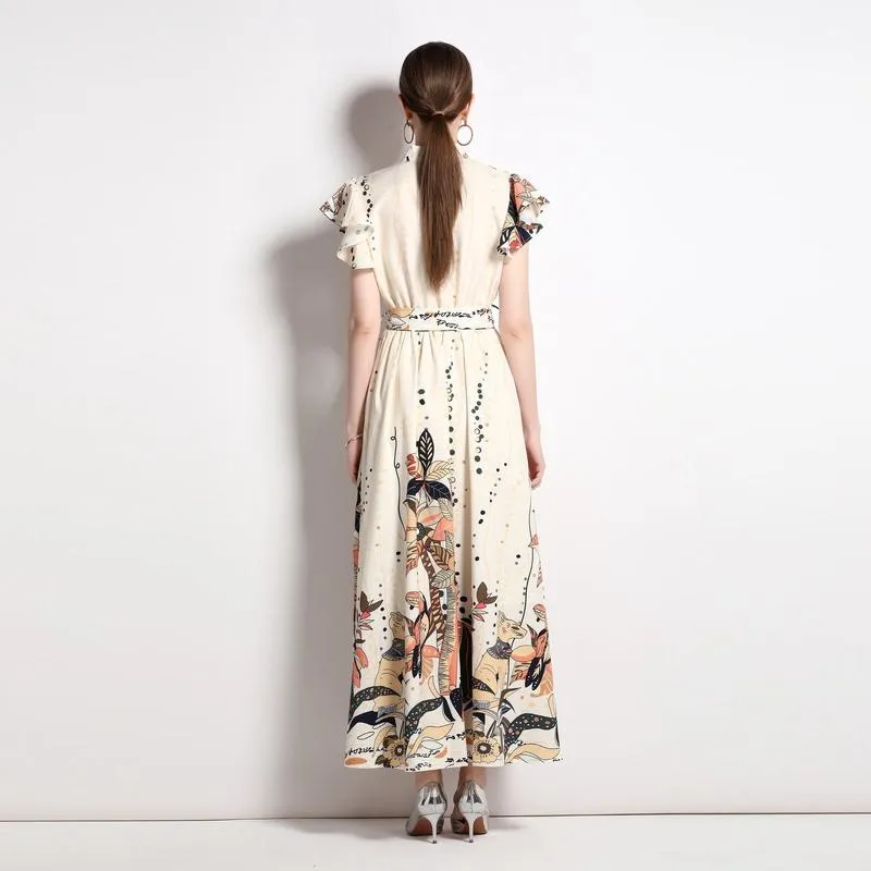 Collar Sleeveless Tie-Up Long Style Retro Print A-Line Design Dress