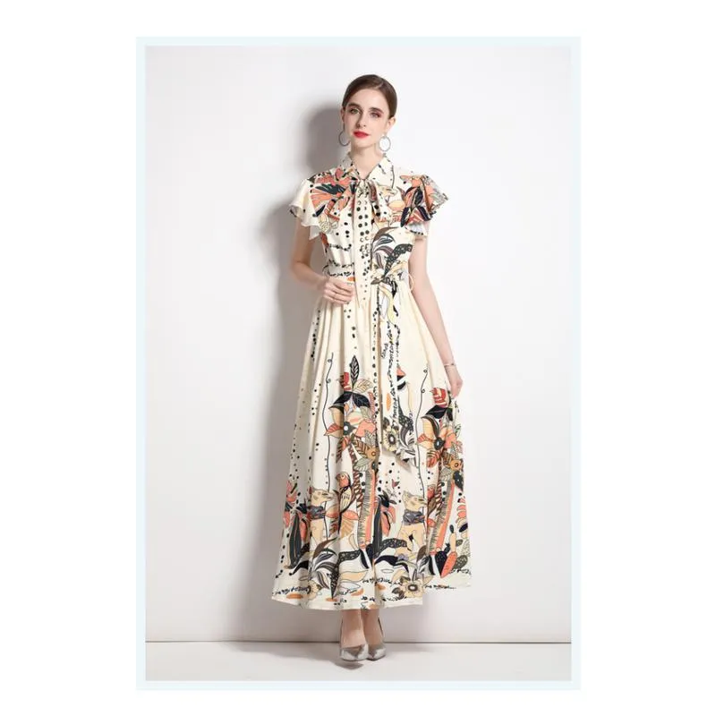 Collar Sleeveless Tie-Up Long Style Retro Print A-Line Design Dress