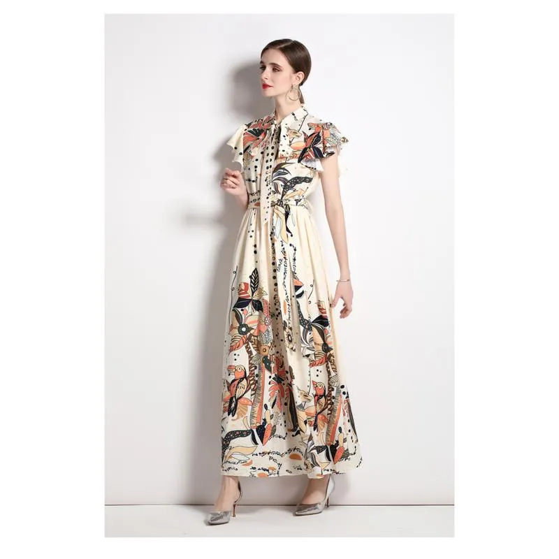 Collar Sleeveless Tie-Up Long Style Retro Print A-Line Design Dress