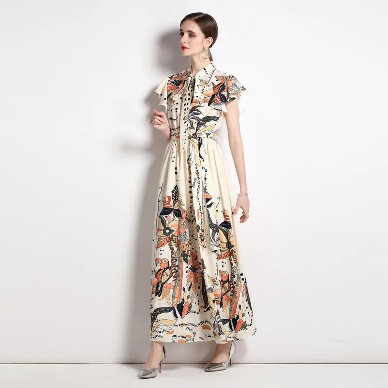 Collar Sleeveless Tie-Up Long Style Retro Print A-Line Design Dress