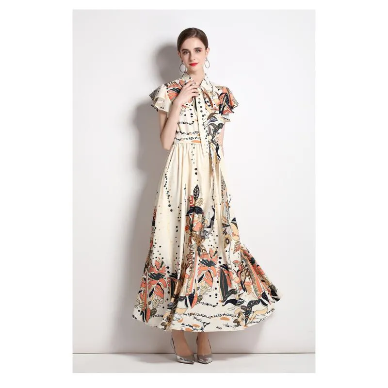 Collar Sleeveless Tie-Up Long Style Retro Print A-Line Design Dress