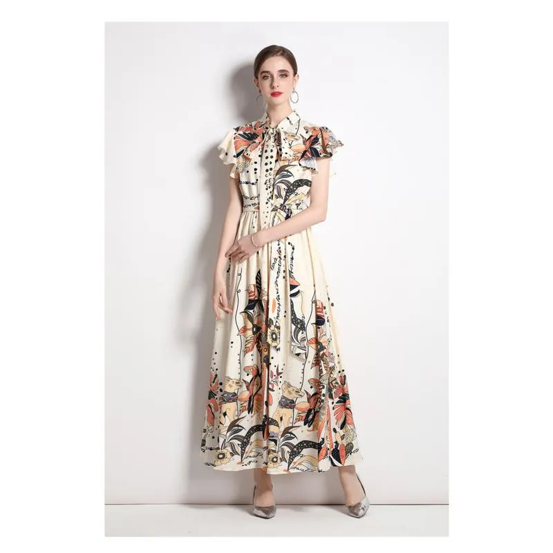 Collar Sleeveless Tie-Up Long Style Retro Print A-Line Design Dress